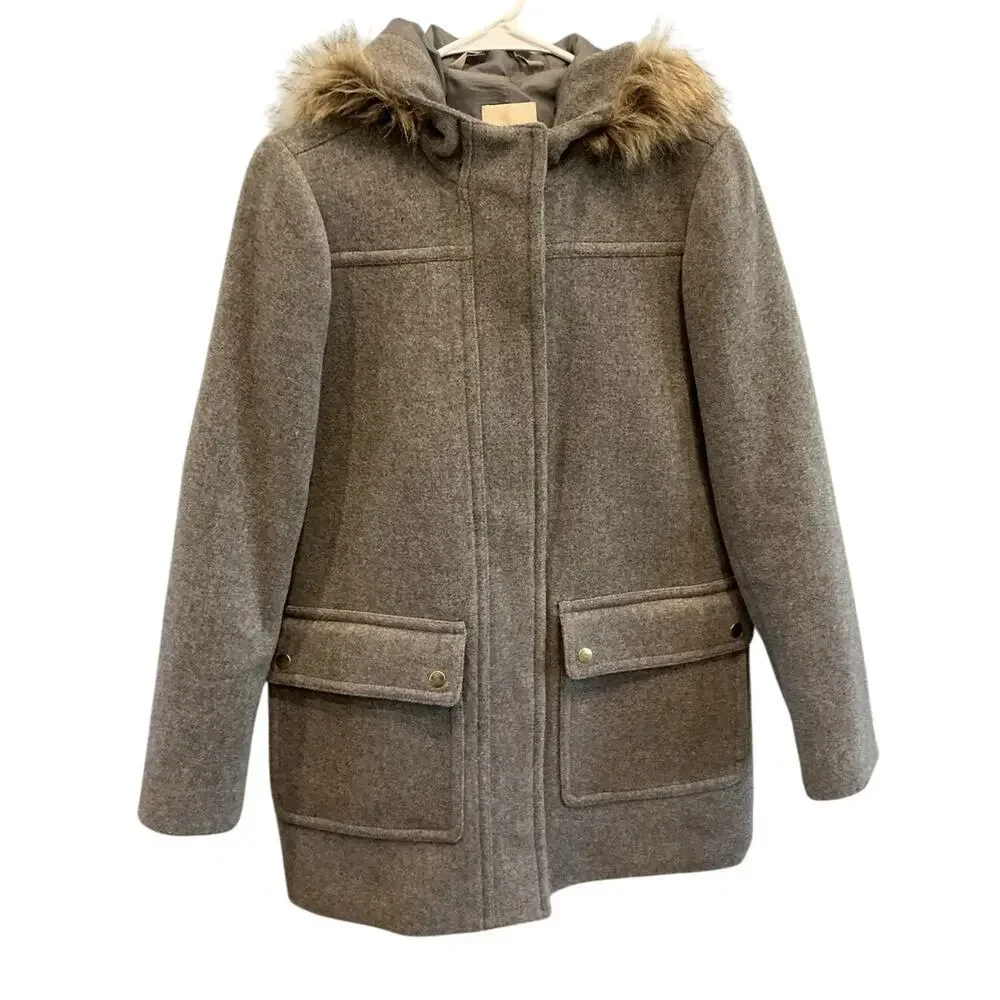 J.CREW Vail Faux Fur Parka Coat Hooded Peacoat Grey Classic Preppy Twee - Picture 4 of 11